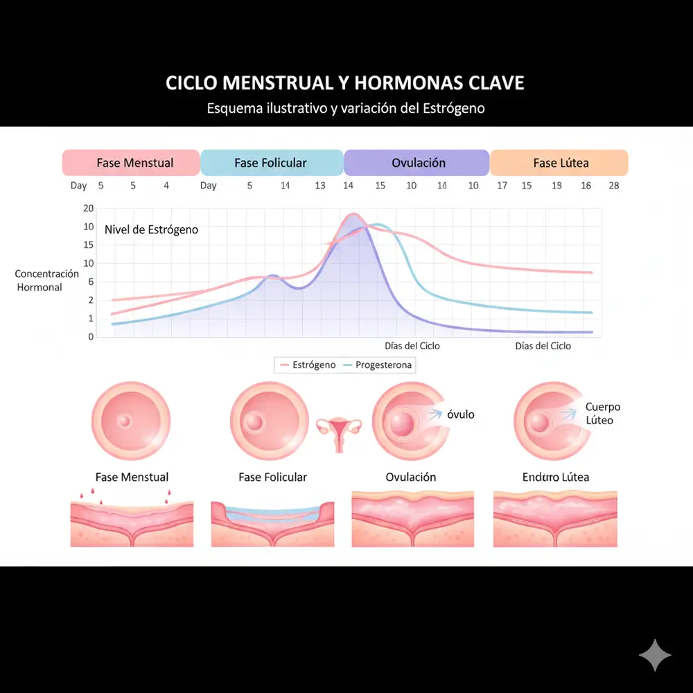 Esquema del ciclo menstrual y variación de los niveles de estrógeno- clinica Femme
