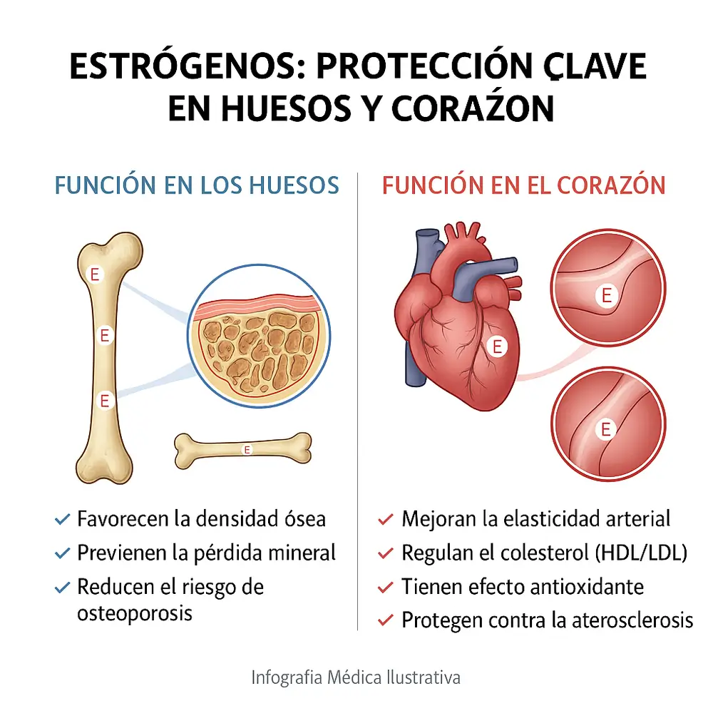 Representación gráfica de la función de los estrógenos en huesos y corazón-clinica Femme